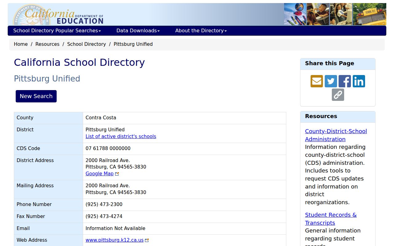 Pittsburg people directories screenshot of the CDE Pittsburg Unified record