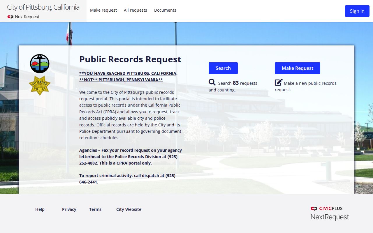 Pittsburg public records request portal for city and police files
